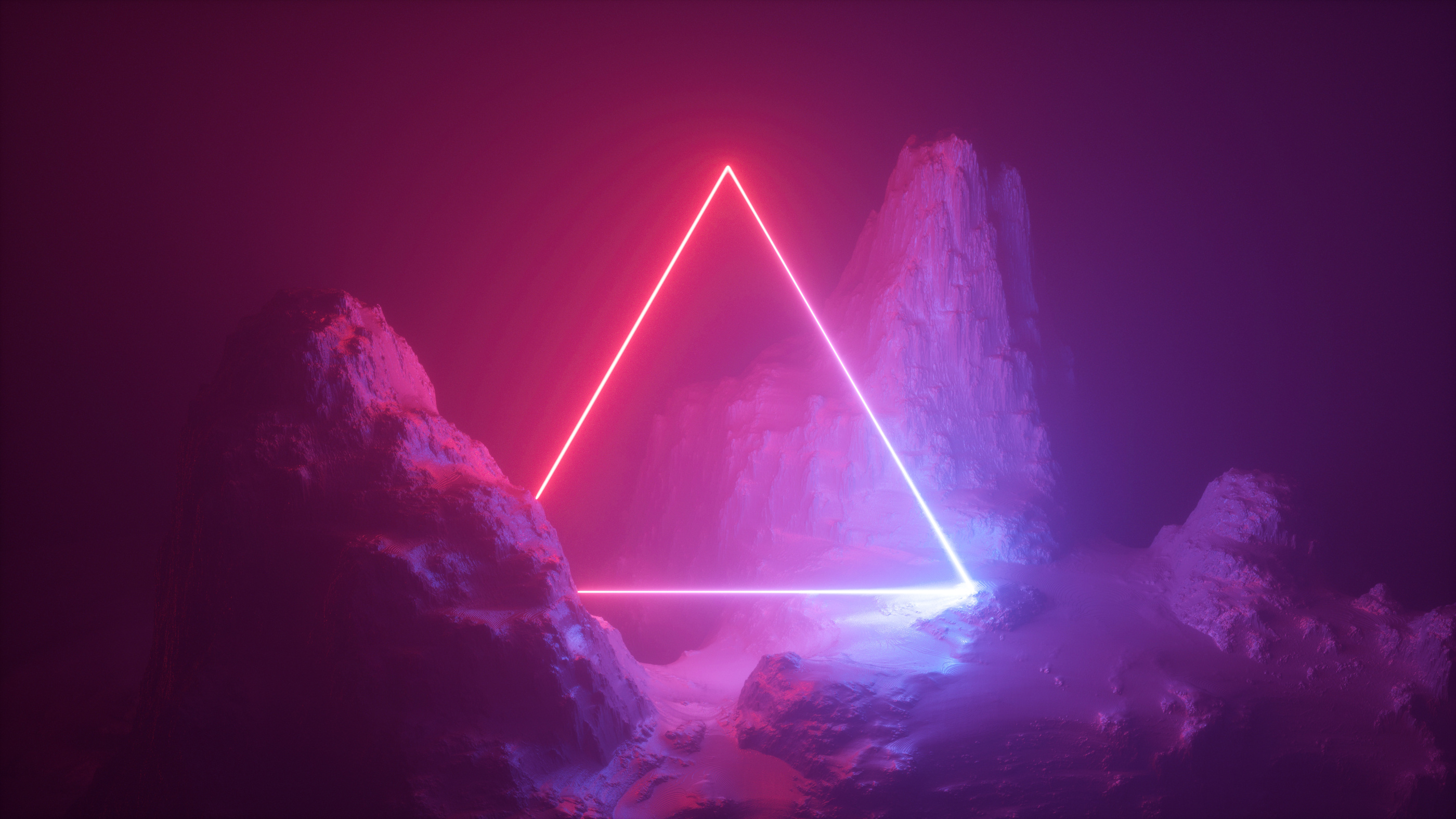3d abstract neon background. Cosmic landscape, terrain at night, foggy rocks, ground. Triangular frame, red blue light, virtual reality, energy source, dark space, laser ring. Sacred geometry.
