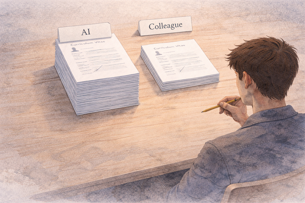 Illustration of a person from behind, holding a pen thoughtfully while reviewing two stacks of CVs on a wooden desk. One stack is labelled “AI” and the other “Colleague.”