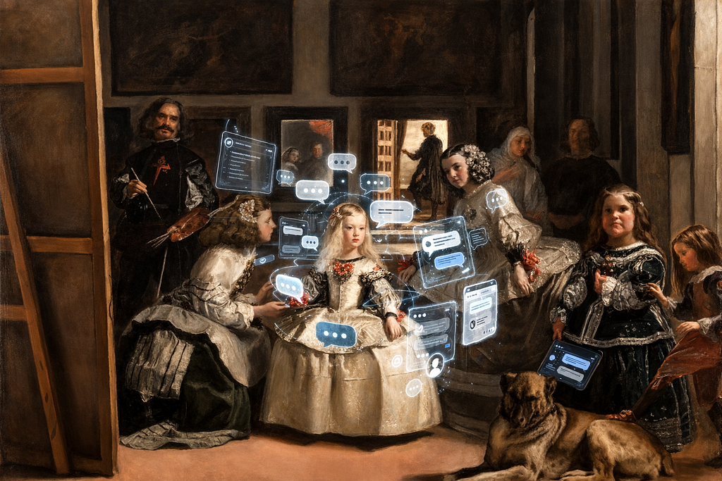 Modern reinterpretation of Velázquez’s Las Meninas (1656): the original court scene with the Infanta Margarita at centre, surrounded by her attendants, but overlaid with glowing blue chat bubbles, message interfaces, and digital speech icons floating throughout the composition. The courtiers appear to be holding tablets and phones, creating a visual metaphor of the royal court as an echo chamber of digital agreement.
