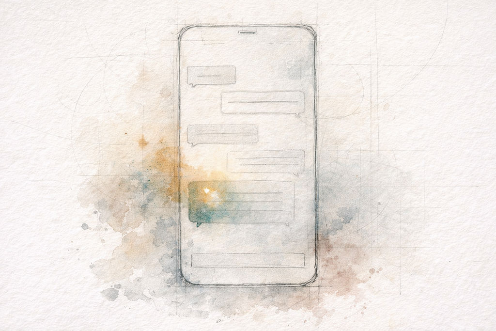 A delicate watercolor and graphite sketch of a smartphone screen showing a chat interface where one specific message bubble is glowing with a warm, golden light, symbolizing a high-utility, relevant answer