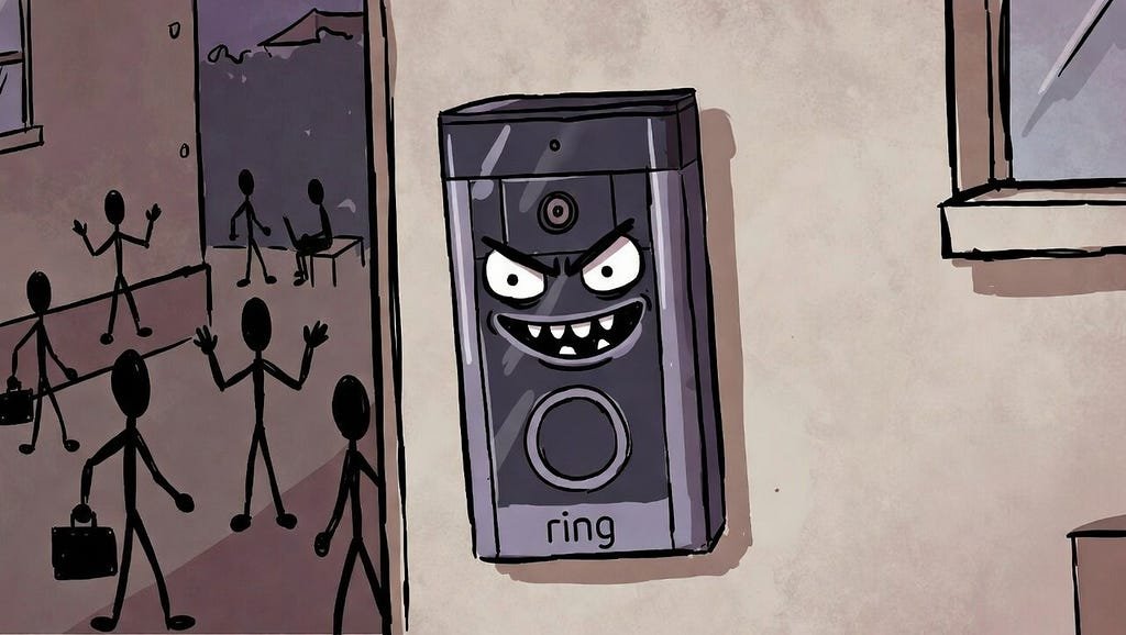 Illustration of a Ring-style doorbell camera watching people in a shared neighbourhood space.