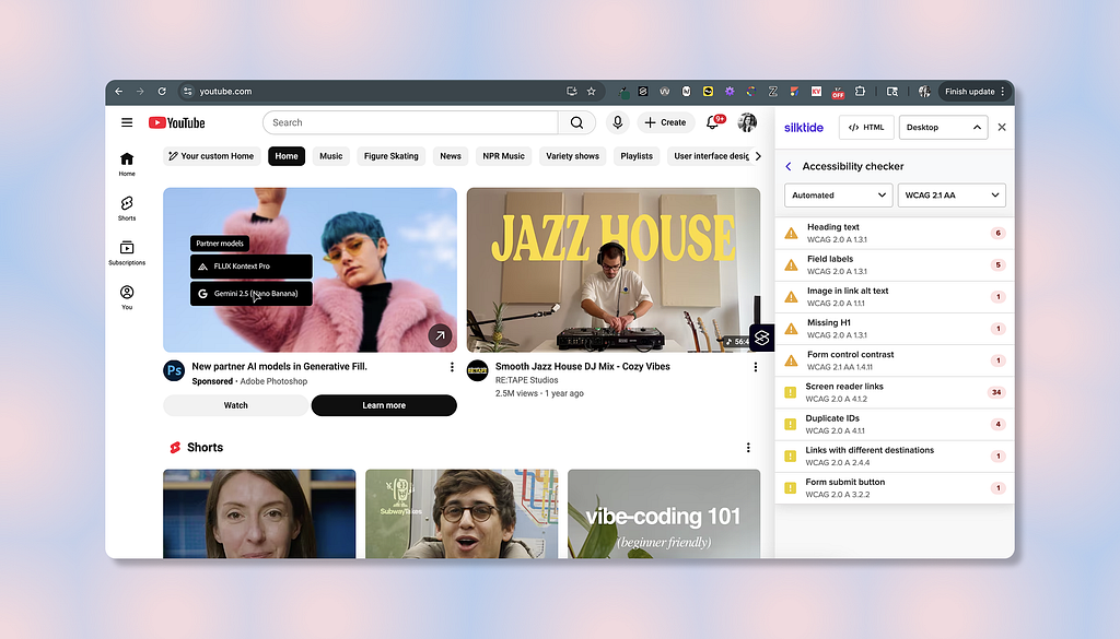 Silktide accessibility results for Youtube’s home page
