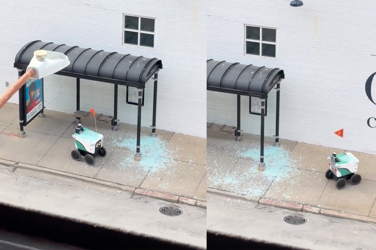 Delivery Robot Allegedly Smashes Through Bus Stop Window, Keeps Driving Covered in Broken Glass