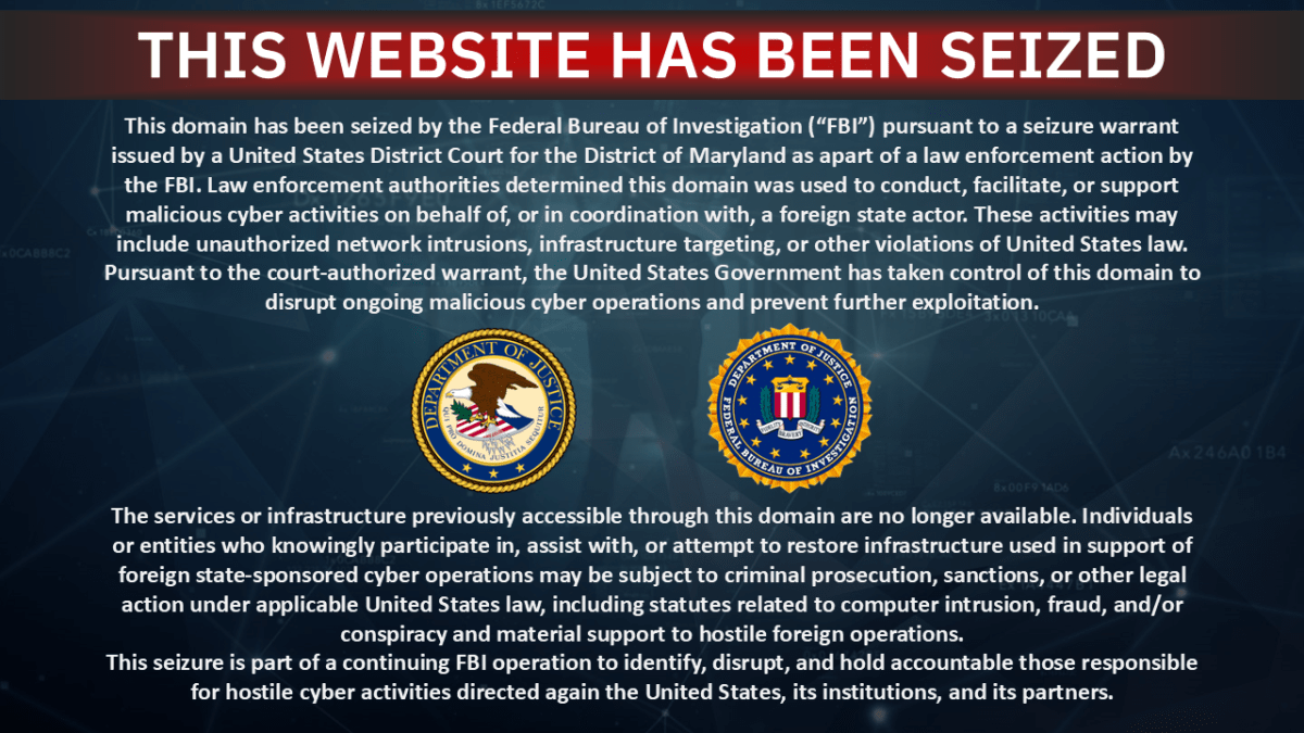 A website takedown and seizure notice by the FBI and the U.S. Department of Justice, which replaced the contents of two websites linked to the pro-Iranian hacktivist group Handala.