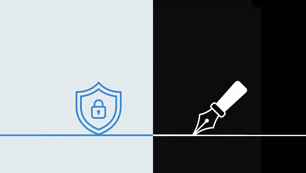 A split composition illustration. The left half has a light background with a blue outlined shield and padlock. The right half is black with a white fountain pen signing a document. A horizontal line divides both sides.