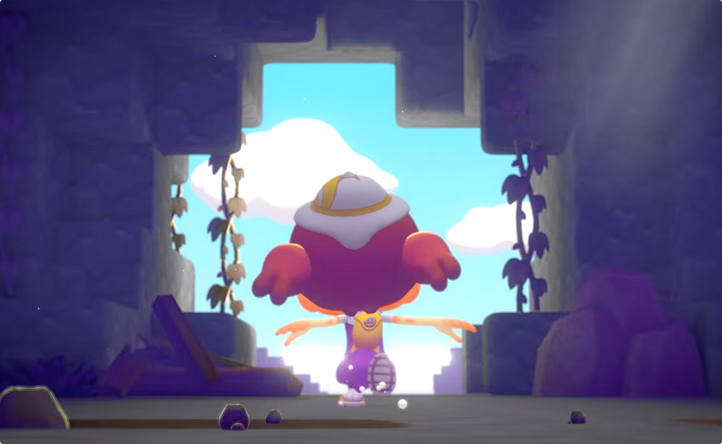 A Pokémon Pokopia scene showing the player character standing in a ruined stone doorway, backlit by a bright blue sky and heading to the exit to begin their exploration.