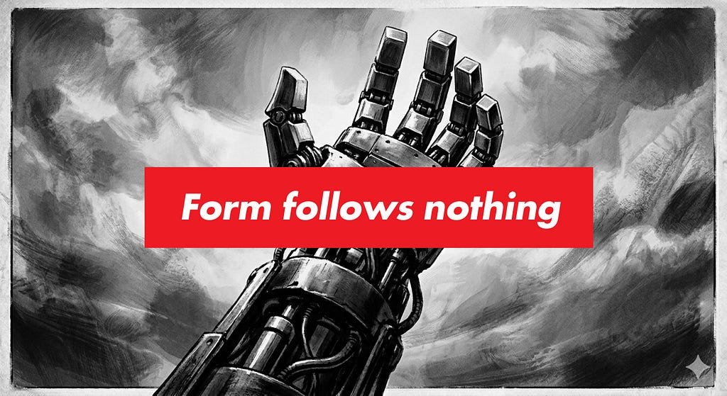 A robotic hand in Barbara Kruger’s graphic style overlaid with ‘Form follows nothing’ — inverting Sullivan’s ‘Form follows function’ to diagnose the structural absence in current AI systems. Generated by Google Gemini at the author’s direction. © 2026 Peter (Zak) Zakrzewski.
