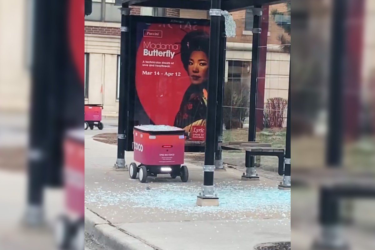 There's Something Incredibly Weird About Two Delivery Robots Crashing Through Glass Bus Shelter in Chicago Within a Few Days of Each Other