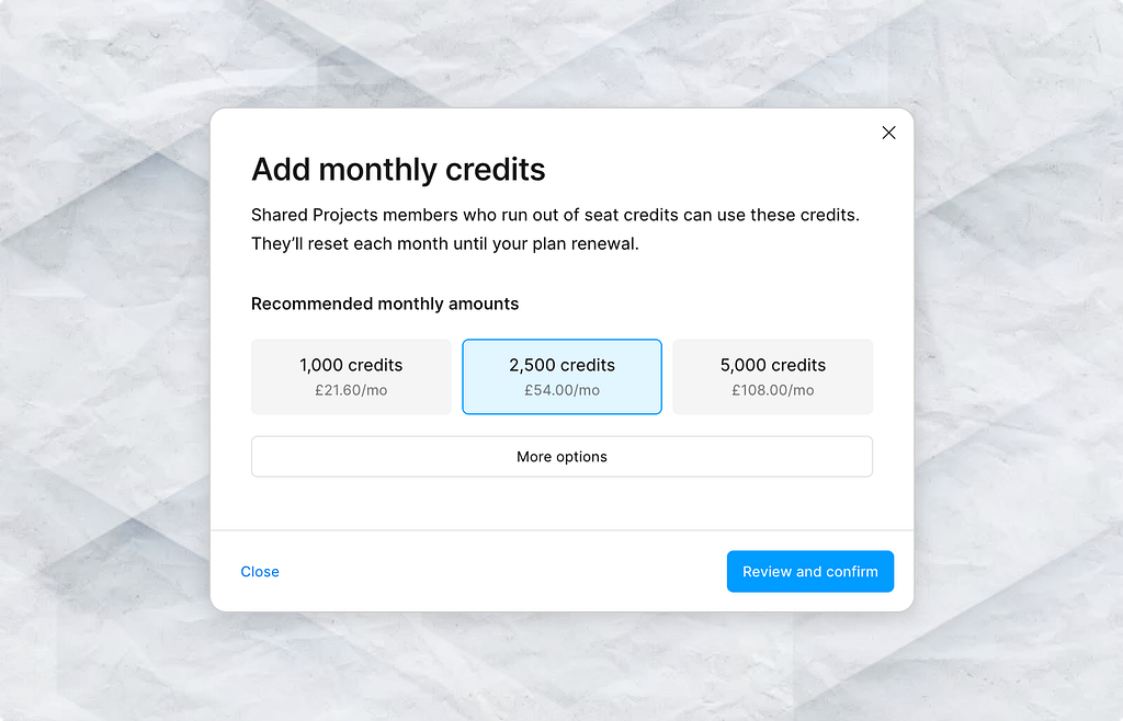 Screenshot of Figma’s ‘Add monthly credits’ dialogue, showing three pricing tiers: 1,000 credits at £21.60 per month, 2,500 credits at £54.00 per month, and 5,000 credits at £108.00 per month.