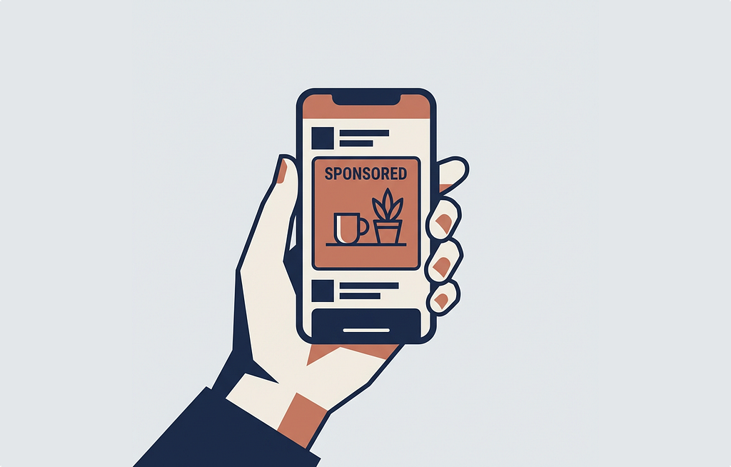 Flat vector illustration of a hand holding a smartphone displaying a social media feed with a sponsored advertisement.