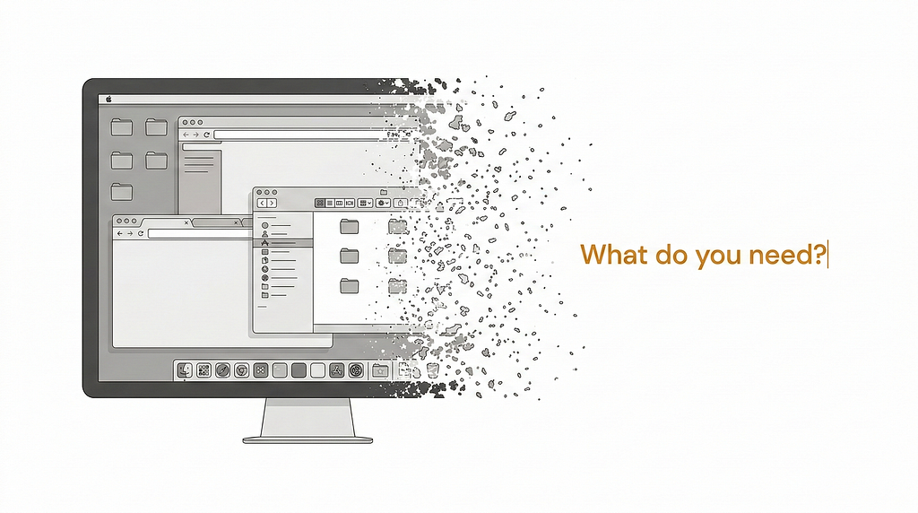 Editorial illustration of a computer screen where the traditional desktop interface — windows, menus, icons, and folders — dissolves into particles from left to right, leaving behind a clean, empty space with a single line of text in warm amber: ‘What do you need?’ The image captures the quiet transition from the old working environment to a new one defined by intention rather than navigation.