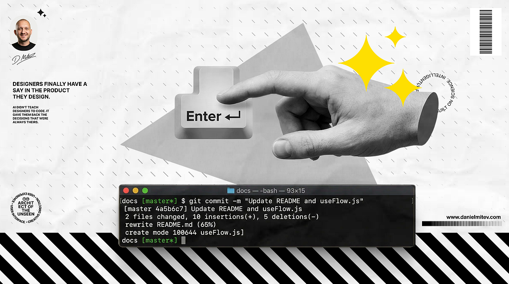 Hand pressing an “Enter” key above a terminal window with code, symbolizing direct designer control over implementation and interaction with code.