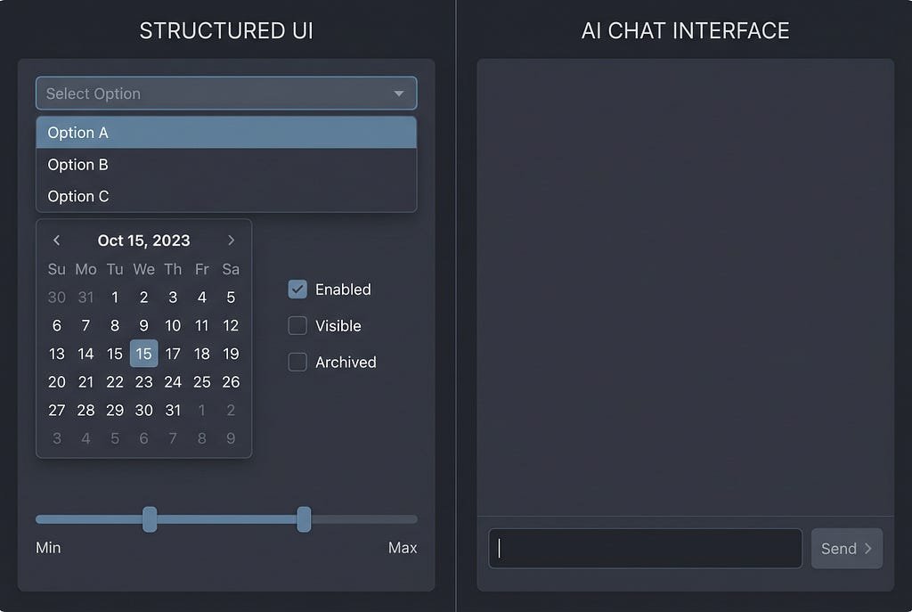 Split-screen comparison of a traditional GUI on the left showing structured form fields (dropdown menus, date pickers, checkboxes, sliders) and a single blank AI chat text input field on the right with only a send button