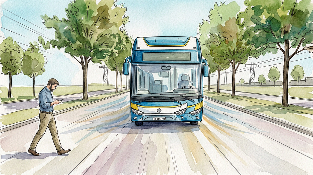 A user heavily engaged in their phone, walks in front of the path of oncoming bus