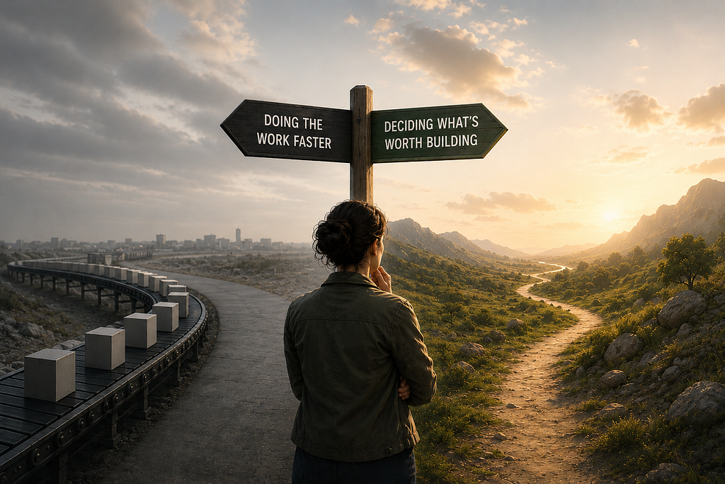 A figure stands at a wooden signpost between two paths. One sign reads “Doing the work faster,” pointing left toward an industrial conveyor belt and grey overcast city. The other reads “Deciding what’s worth building,” pointing right toward a winding path through warm, sunlit hills.