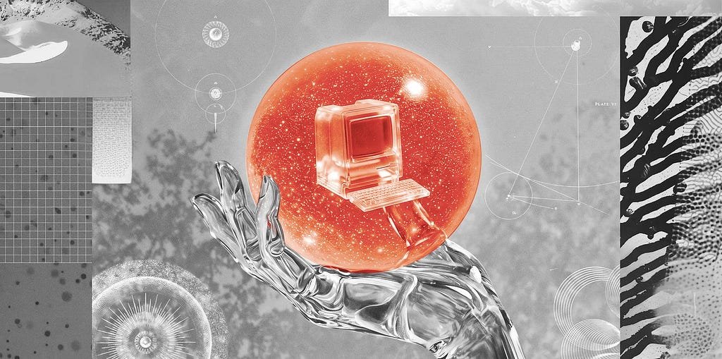A chrome robotic hand holds a glowing orange sphere containing a vintage desktop computer, set against a grayscale collage of scientific diagrams and celestial illustrations.