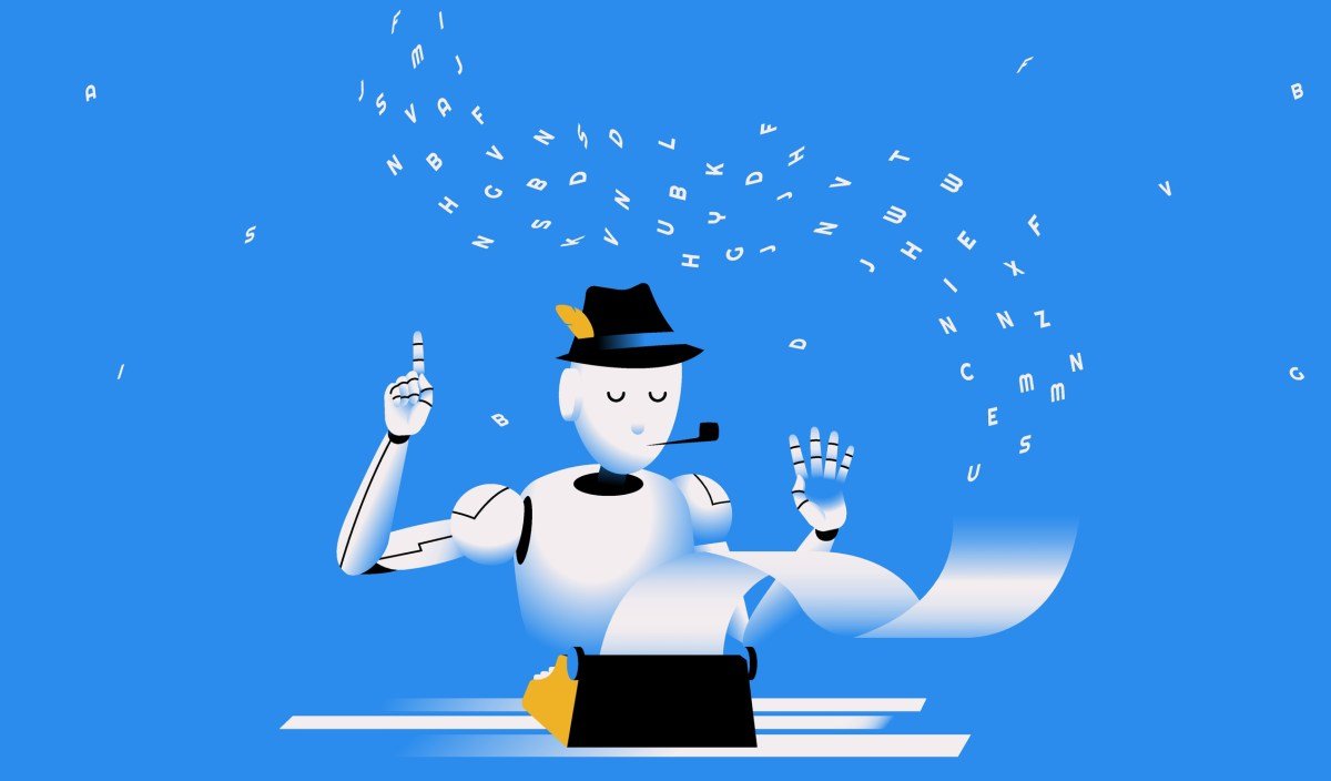 render of a robot typing on a typewriter.