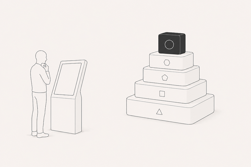 Minimal line illustration of a person standing at a screen, facing a five-tier stepped structure whose shapes progress from triangle to square, pentagon, hexagon, and finally a circle on a dark top block
