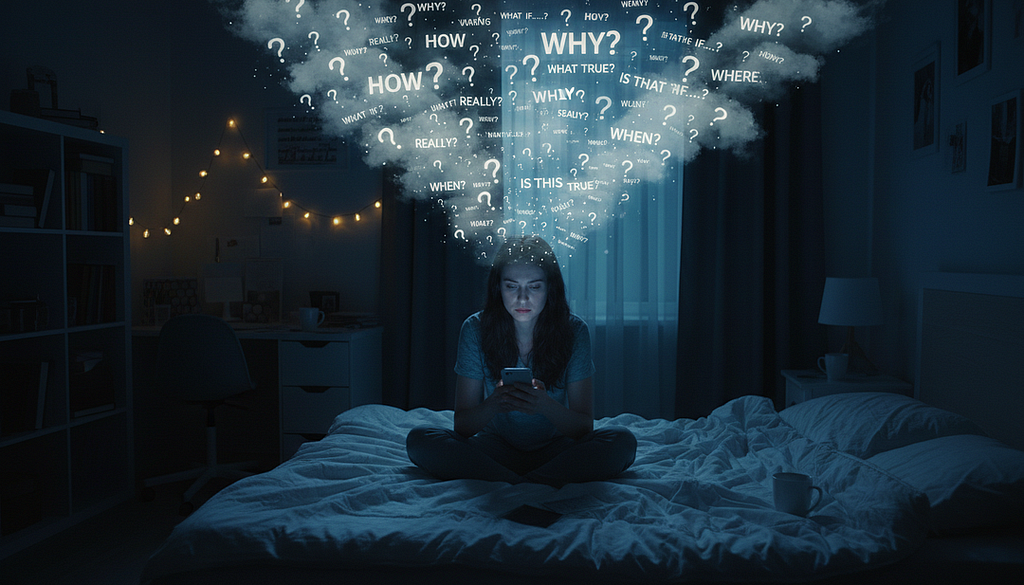 Person sitting on a bed at night, looking at a phone beneath a cloud of anxious questions.