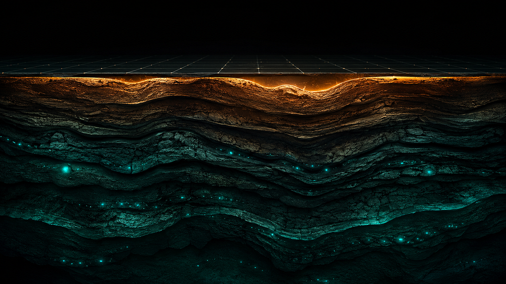 Abstract cross-section showing geological strata beneath a dark geometric grid surface. Rich layers of deep teal and dark rock formations accumulate below the surface plane, illuminated by a warm amber glow at the boundary between the visible surface and the hidden depth. Small points of teal bioluminescent light are scattered through the deeper layers. Image created using AI.