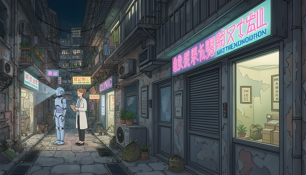An AI-generated illustration in an anime-inspired style depicting a humanoid robot and a female researcher in a white lab coat standing together in a narrow, dimly lit alleyway at night. The researcher holds a clipboard. The cramped lane is lined with weathered buildings, tangled overhead wires, neon signs in Chinese and English (including one reading “Clinic”), potted plants, stray cats, and scattered rubbish bags — evoking the aesthetic of Kowloon Walled City.