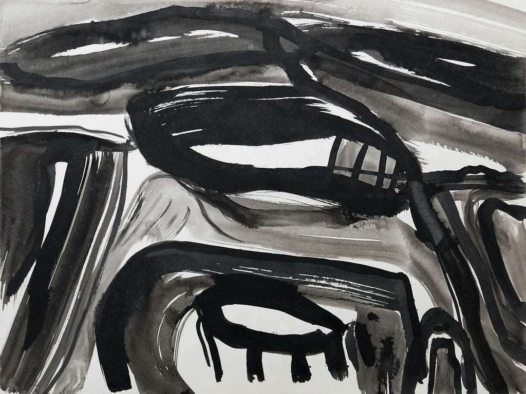 An abstract painting done with ink, with stark black gestural brushstrokes on a white canvas.