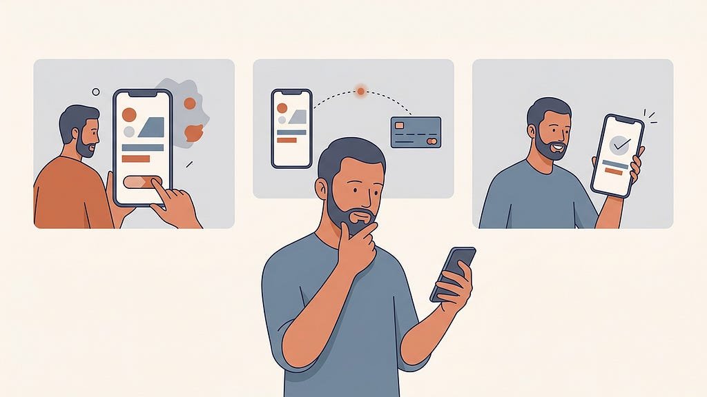 Illustration of a man pausing thoughtfully over a phone payment, with panels showing moments of a payment journey