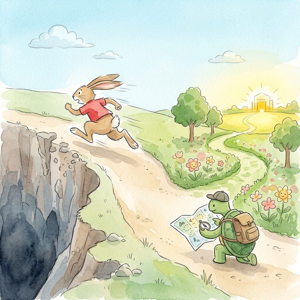 A minimalist, charming children’s picture book style watercolor illustration of the Tortoise and the Hare metaphor applied to software development. The hare sprints frantically on the main path toward a crumbling dead end cliff, while the tortoise navigates safely onto a beautiful ‘happy path’ that branches off.