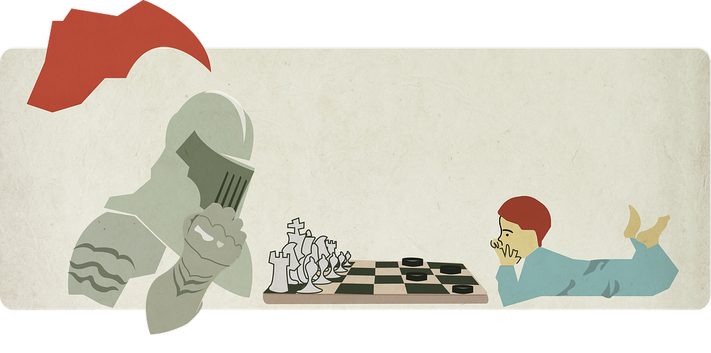 A solemn medieval knight in grey armour, fists clasped in deep concentration, faces a small child across a chessboard. The knight’s side is set up for chess, with white pieces formally arrayed; the child, lying on the floor with chin propped on a hand, has black checkers scattered loosely on their side.