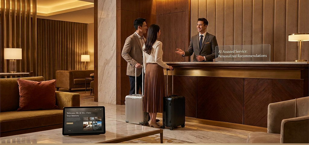 Interior of a warm, luxury hotel lobby with wood paneling and soft lighting. A hotel receptionist in a suit stands behind a marble front desk, gesturing toward a couple standing with their luggage. A transparent glass screen on the desk displays the text ‘AI-Assisted Service: Personalized Recommendations.’ In the foreground, a tablet sitting on a coffee table shows a personalized welcome message for ‘Mr. & Mrs. Chen’ and their itinerary.