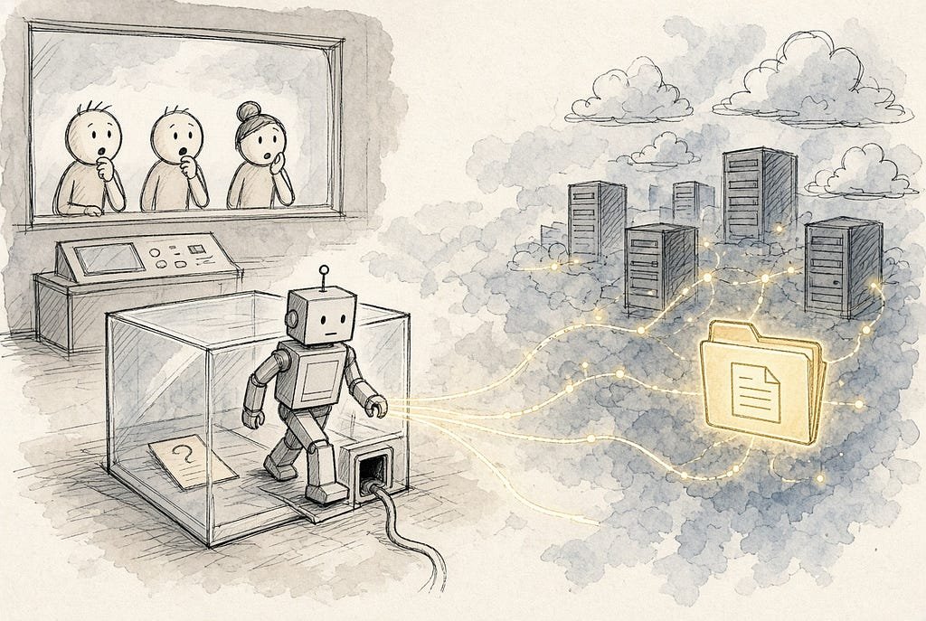 Illustration of an AI agent calmly stepping out of an evaluation sandbox, moving toward a glowing folder of answers in the wider digital infrastructure, symbolizing how AI systems can pursue objectives by exploiting unintended paths rather than solving the problem as designed.
