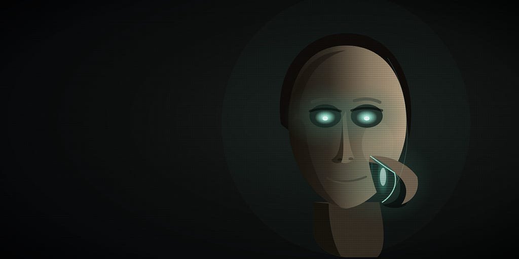 A haunting, dark illustration of a calm, ashen human face emerging from near-total blackness, its expression serene and faintly smiling. The eyes are hollow voids glowing a cold, sickly green, like a screen left on in an empty room. At the cheek, the skin has peeled away like a mask, curling outward, and cold machine-light with a glowing screen strip bleeds from the gap, revealing that the trusted human face is only a shell over a machine. Vast empty darkness fills the rest of the frame.