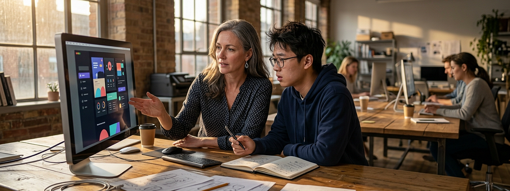 A design lead walks a nervous new hire through their first critique.