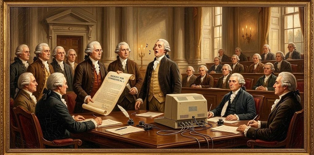 A parody of Trumbull’s “Declaration of Independence” painted in 18th-century style: solemn figures in powdered wigs gather around a table presenting a long scroll headed “Request for Comments №1,” while a 1970s computer terminal and cables sit incongruously among the quills and inkwells, and one central figure stands humming aloud as the others look on.