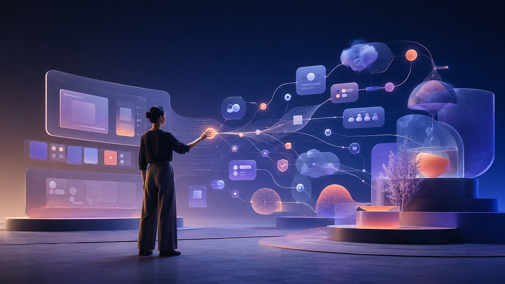 A designer guides a fluid digital system in which fixed interface panels transform into interconnected components, branching actions, permissions, and adaptive forms.