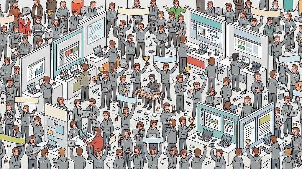 A dense, busy illustrated scene of a startup convention hall packed with hundreds of nearly identical founders in matching hoodies, all grinning and holding up laptops, trophies, and “launched” banners, with one calm person hidden in the crowd quietly studying their own screen.