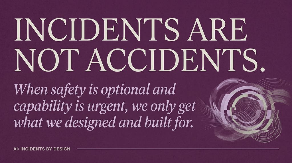 Title card on a deep aubergine background. In large serif capitals: “Incidents are not accidents.” Below, in lilac italics: when safety is optional and capability is urgent, we only get what we designed and built for. A pale abstract spiral sits at the lower right.