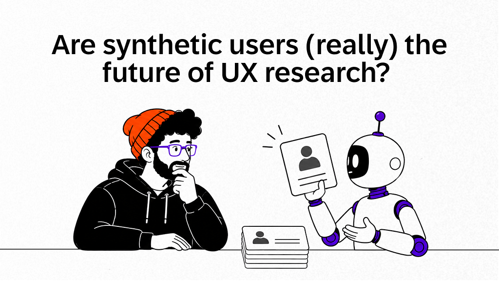 Illustration of a UX designer evaluating synthetic user profiles generated by AI, representing the debate around AI-generated personas, synthetic users, and the role of real human feedback in UX research.