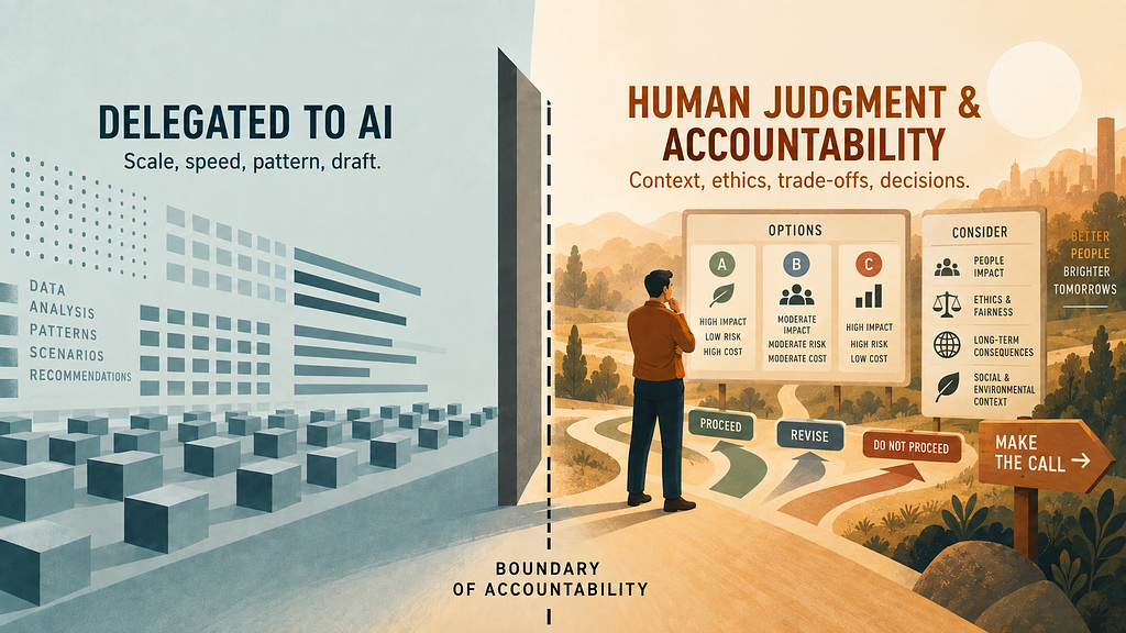 Editorial concept showing a visible boundary between delegated AI work and accountable human judgment. Avoid robots, glowing brains, handshake clichés, and generic futuristic interfaces.