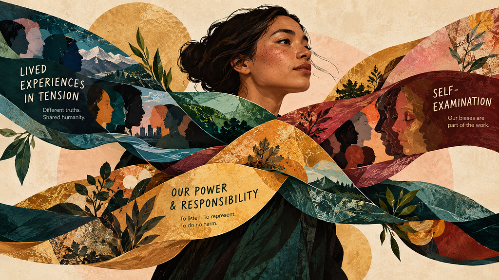 A richly textured illustration of a woman surrounded by three interwoven ribbons representing lived experiences in tension, power and responsibility, and self-examination. The ribbons contain diverse human profiles, landscapes, and natural imagery, suggesting the complexity of carrying multiple perspectives. Earthy teal, ochre, rust, and burgundy tones reinforce themes of connection, reflection, and responsibility.
