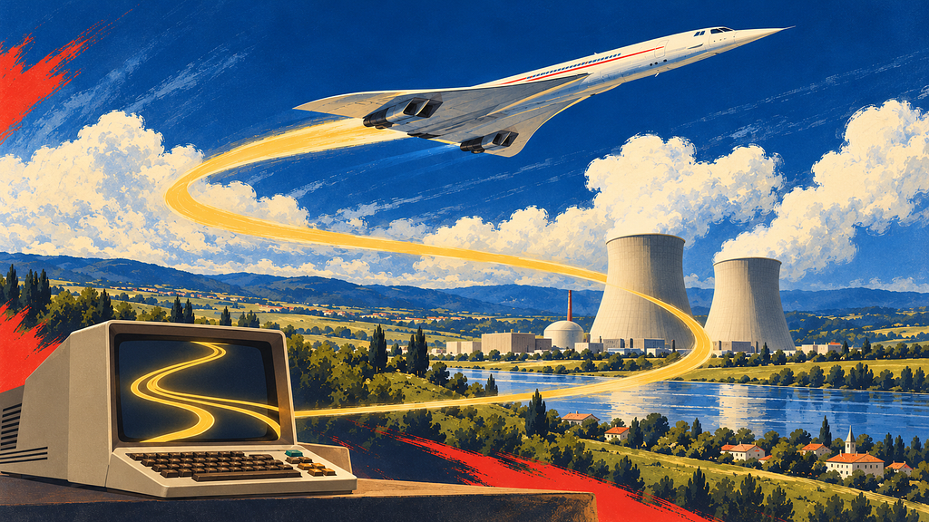 Landscape illustration in a vintage French poster style: Concorde flies above a nuclear power station, with a golden ribbon leading to a Minitel terminal.