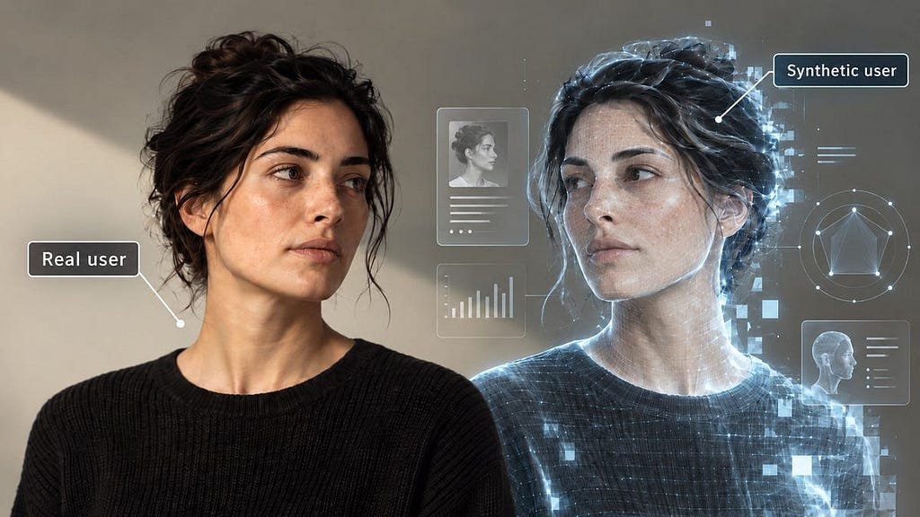 A woman labeled “Real user” stands beside an almost identical digital version of herself labeled “Synthetic user.” The synthetic figure appears as a blue holographic image with a wireframe grid and pixelated edges.