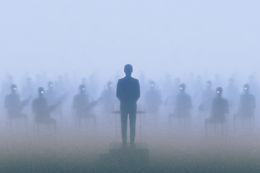 A human conductor from behind faces an orchestra of robots in blue mist.