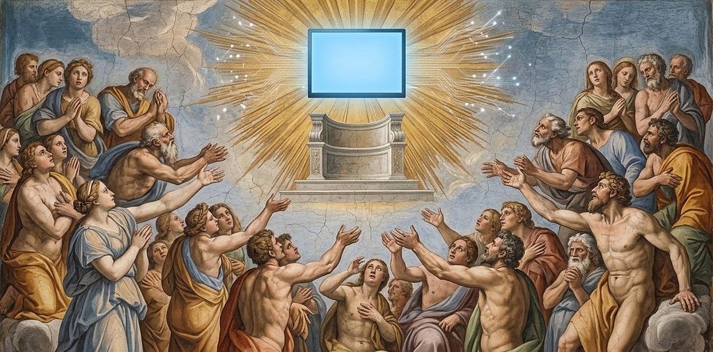 A Renaissance fresco in the style of Michelangelo’s Last Judgment: crowds of human souls rising and gathered, looking upward toward the seat of judgment at the center. Where the divine judge should sit, there is instead a cold, glowing blank rectangle of screen-light wired with faint circuitry, woven into the golden rays of heaven. The figures wait for a judgment that is not coming.